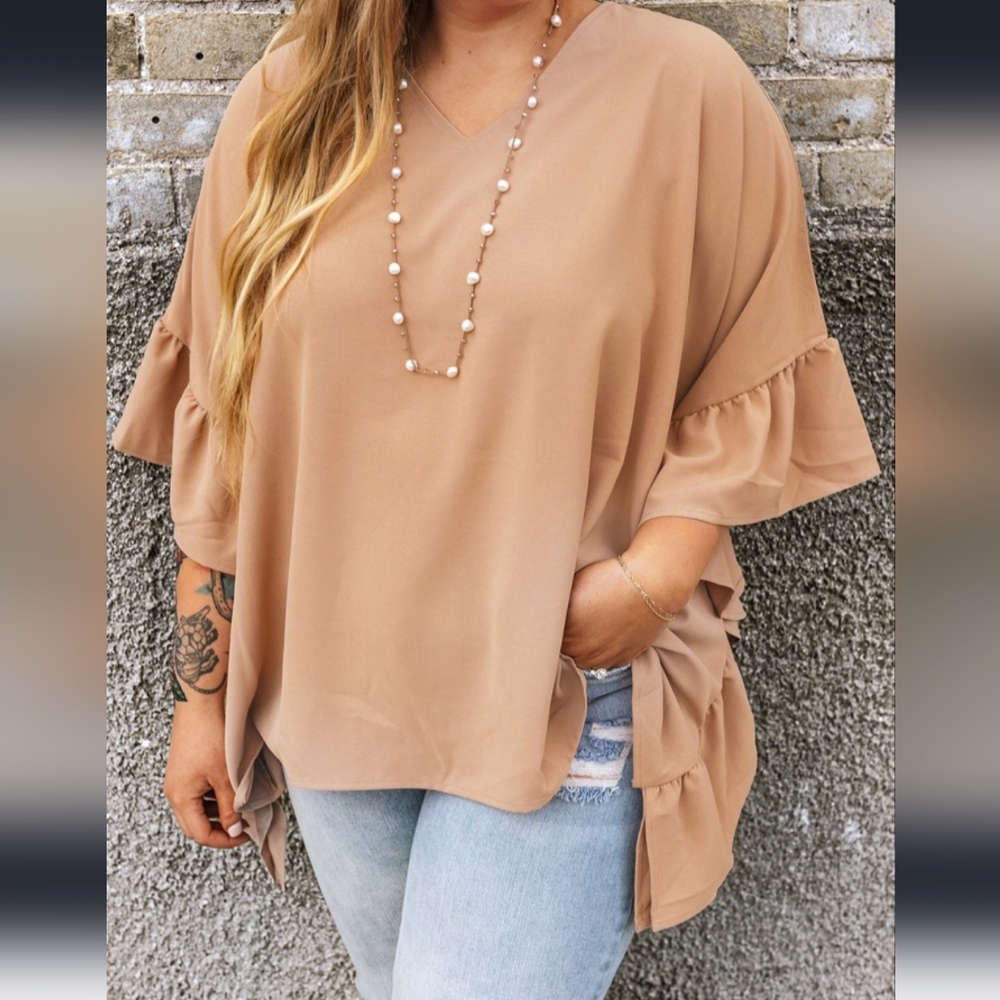 Women's V-Neck Ruffle Sleeve Top - Beige